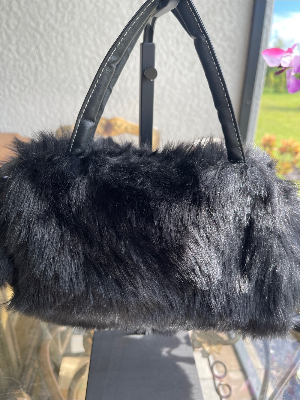 Black Faux Fur Handbag with Top Handles